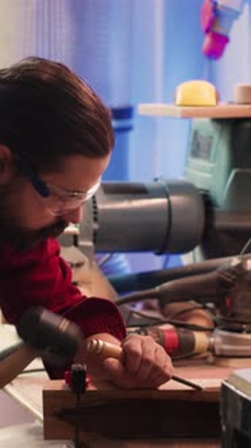 Vertical Video Man Carves Intricate Designs Into Wood Using Chisel and Hammer in Carpentry Shop