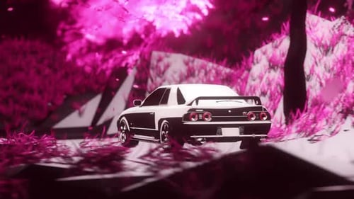 Stylized Abstract Car Drifting in Surreal Pink Landscape