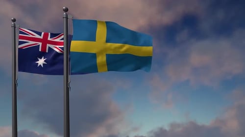 Sweden Flag Waving Along With The National Flag Of The Australia - 4K