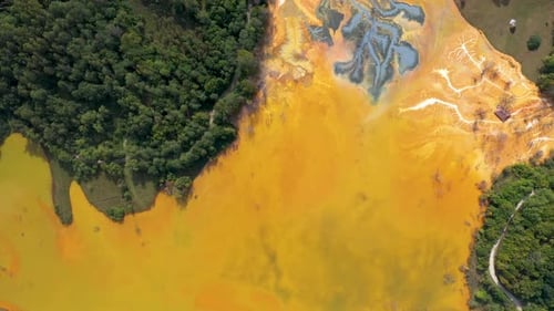 Flying over decanting lake. Colorful AMD acid mine drainage waters aerial view