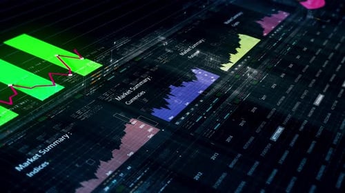 Futuristic Financial Data Display with Animated Graphs and Charts