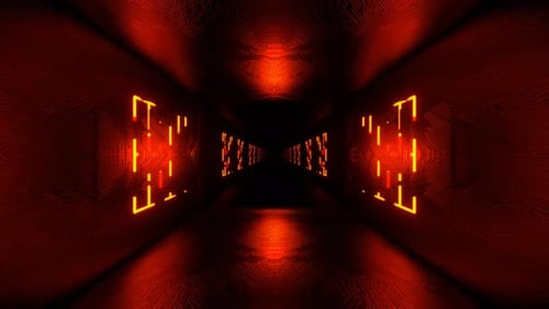 Red And Orange Neon Cyber Tunnel With Holograms Background Vj Loop In 4K