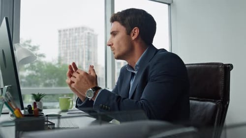 Business Executive Video Calling Partner in Office. Handsome Employee Talking Online Consulting