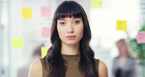 Business woman, thumbs down and disappointed for bad news, disagree or bad review at office