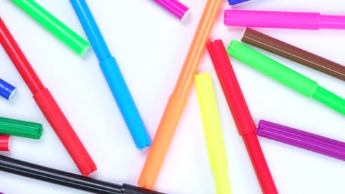 Rotating White Background with Multicolored Felttip Pens the Concept of Art Education