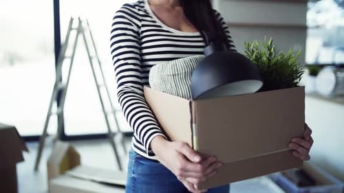 Woman carrying box with lamp in new home