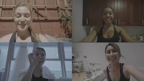 Smiling Friends Connect Through Video Call Split Screen