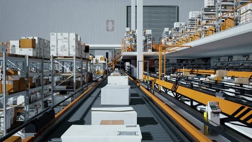 Loop Transmitting Of Packaging Box On The Conveyor Belt, 3D Rendering