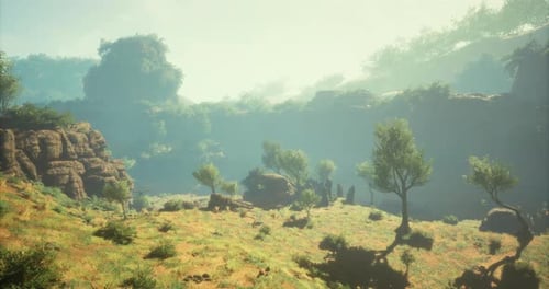 Vibrant Natural Landscape with Lush Greenery and Rocky Formations at Dusk