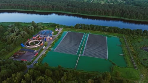 Floating Solar Panels and Water Treatment Plant Beside Lielupe River in Latvia