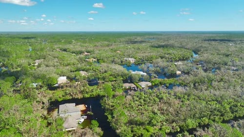 Surrounded By Hurricane Ian Rainfall Flood Waters Homes in Florida Residential Area Consequences of
