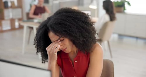 Business woman, headache and eye strain with mistake in office for overworked, fail or pressure