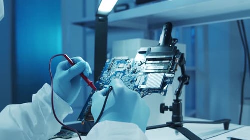 Microelectronics Engineer Works in a Modern Scientific Laboratory on Computing Systems and