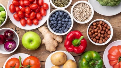 Healthy Eating Ingredients Fresh Vegetables Fruits and Superfood Nutrition Diet Vegan Food Wooden