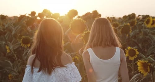 Rear View of Two Fairhaired Young Women in White Dresses Walking Side By Side Against the Backdrop