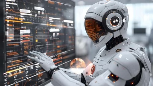 Artificial Intelligence Robot Analyzing Holographic Data Interface