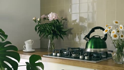 Bright Kitchen with Fresh Flowers and Burning Stove