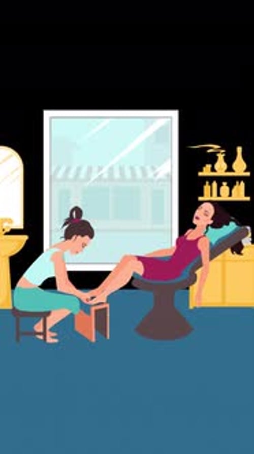 Woman Visiting Beauty Salon, Masters Doing Pedicure On Vertical On Alpha Channel