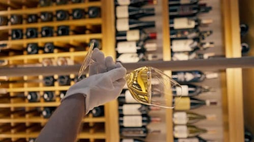 Vidéo verticale Gros plan d'un verre de vin tenu par un sommelier dans un restaurant italien