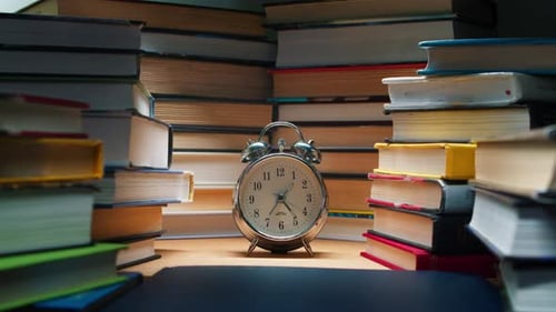 Old Alarm Clock Stands in Stacks of Old Books