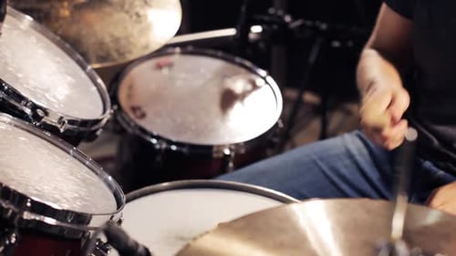 Drummer Playing Drums in Recording Studio, Close Up