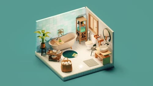 Innere der isometrischen Ansicht des Badezimmers mit Wanne 3D-isometrische Schleife