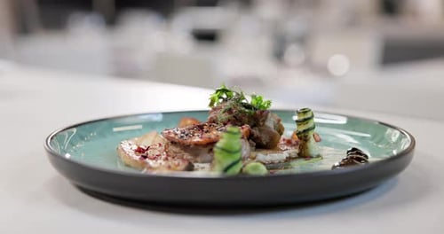 Luxury, restaurant and plate of steak or meat on gourmet fine dining menu with spices and herbs