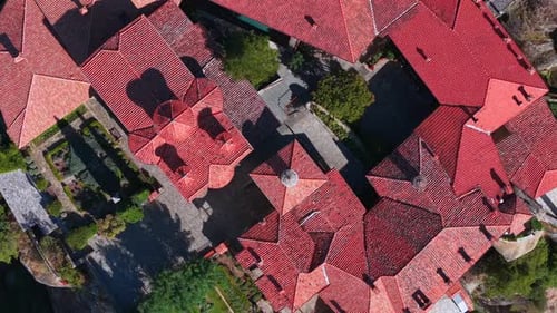 Aerial View of Meteora Monasteries Perched on Towering Rock Formations