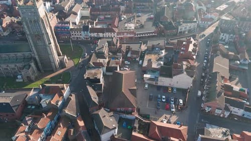 Aerial view of Cromer Norfolk town and pier, showcasing historic streets and church