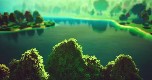 Vibrant Animated Lake Island Flyover in Stylized Nature Scene