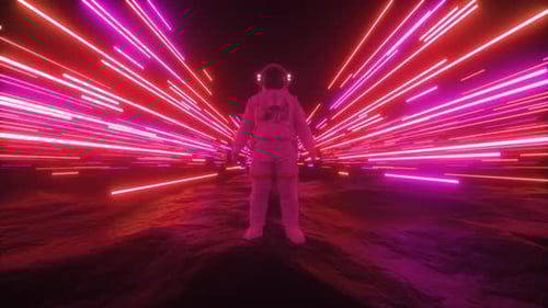 Astronaut in Neon Light Tunnel Space Journey