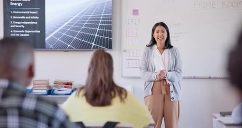 Classroom presentation, teacher and woman teaching students, group education or academy lesson