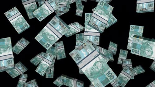 Brazil Real 100 banknote packs falling loop