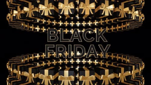Golden Flying Black Friday Text with Rotating Gift Boxes Loop Animation