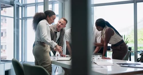 Meeting, discussion and team of business people in office boardroom working on project together