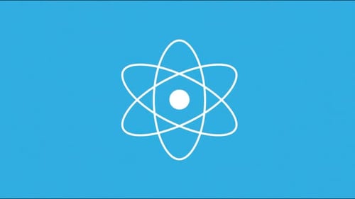 Weißes Atomsymbol pulsiert und rotiert in der Mitte der Bühne, flache blaue Einstellung, nahtlose Schleife, handgezeichnet, digital