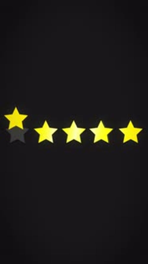 Animated star rating sequence transitioning to five glowing stars on dark background