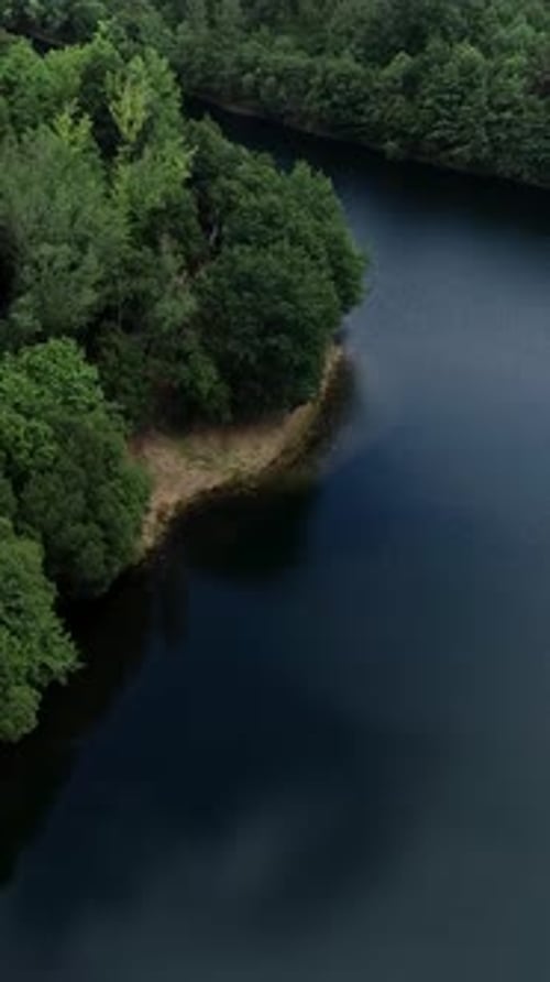 Vertikales Video einer Luftaufnahme eines ruhigen Flusses und einer bewaldeten Landschaft