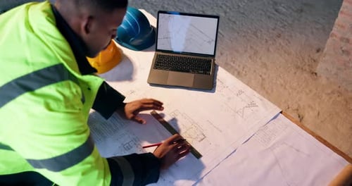 Man, architect or writing with blueprint or laptop for construction planning or building design
