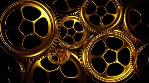 Golden gears smooth rotation with alpha channel looped 3d render. Abstract workflow. Complex