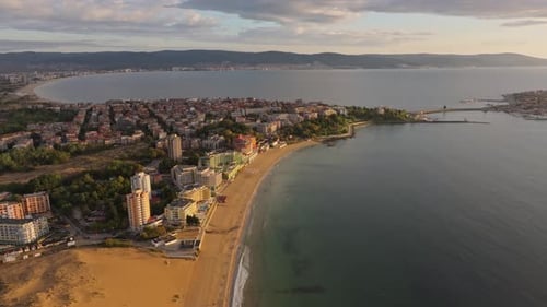 Aerial view of Nesebar town and beach at sunrise, Bulgaria.