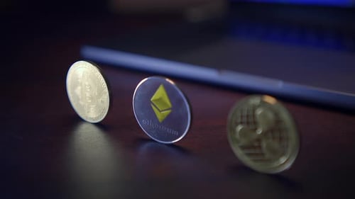 Crypto Currency Coins on Dark Background