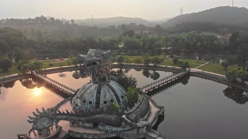 Aerial view of Thuy Tien lake Abandoned Water Park with big dragon