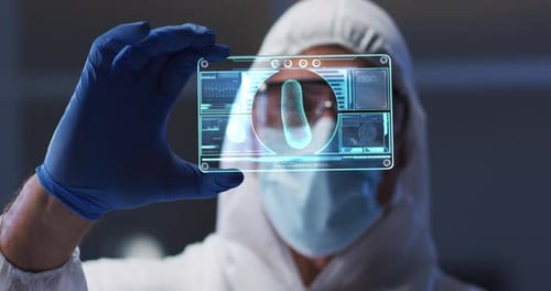 Animation eines Wissenschaftlers mit interaktivem Bildschirm mit medizinischer Datenverarbeitung