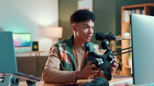 Streamer, microphone and headset with man in studio for review, tech advice and broadcast