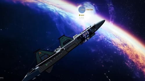 Futuristic Spaceship Flying Through Vibrant Nebula in Deep Space