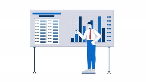 Employé de bureau analysant un graphique à barres, tableau de présentation, animation de personnages 2D