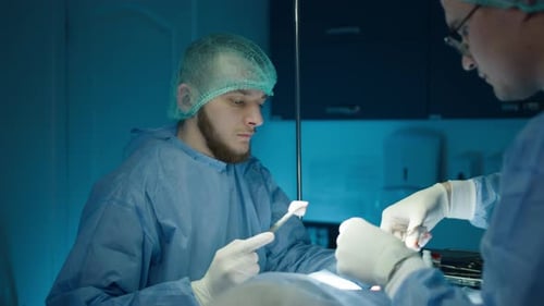Focused Vet and Assistant During Successful Surgery Operation in Vet Clinic