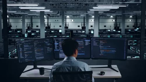 Back View Of Asian Man Developer Using Computer To Write Code In Data Center