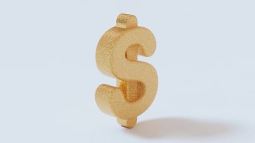 Golden dollar symbol in glittery, textured design rotating on white background. Wealth, finance